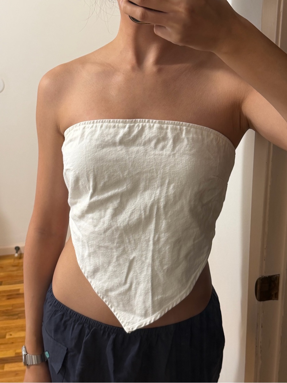 White Strapless Bandana Hem Crop Top